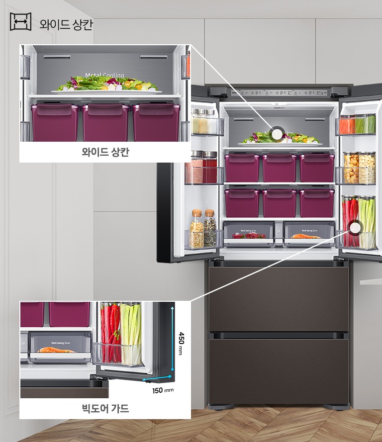 상칸 문이 열린 제품이미지가 보여지고, 상칸 내부에 각 공간에 대한 확대 이미지와 설명이 보여집니다.