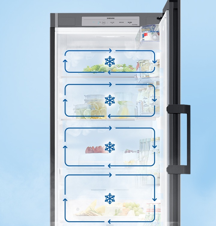 냉장고 문이 열려있으며, 안에 칸마다 음식이 놓여져 있습니다. 칸에 각각 멀티 냉각 시스템을 나타내는 인포그래픽이 보여집니다.