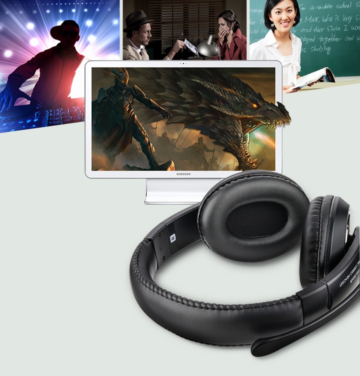 상단에는 공연을 즐기는 화면과 영화 화면, 화상 통화를 즐기는 가족들의 모습이 보여지며,  게임 화면이 보여지고 있는 노트북과 SHS-300UW 헤드셋 제품이 보여지고 있습니다.