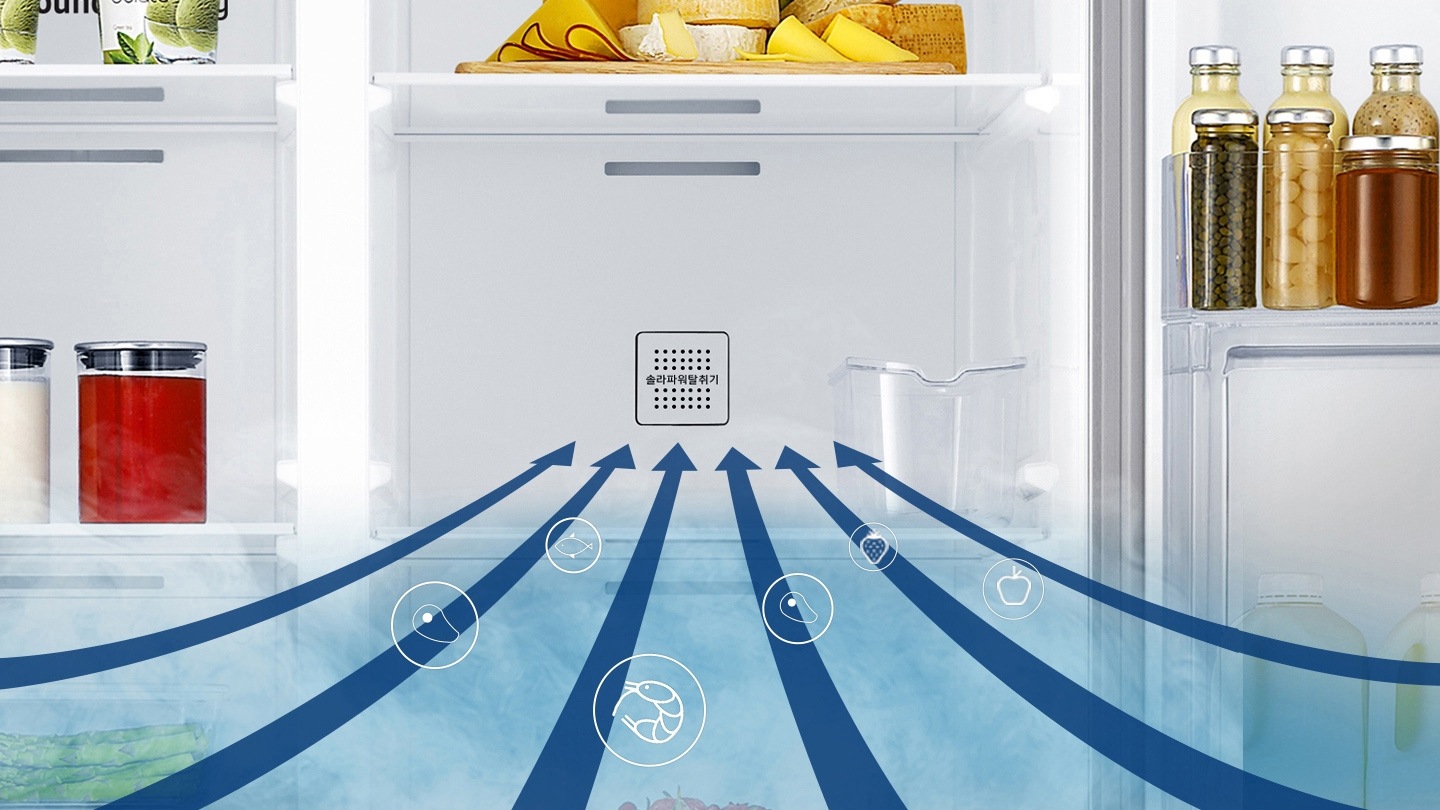냉장고 안의 솔라파워탈취기 부분으로 냉장고 안의 잡내가 빨려 들어가는 모습이 보여지고 있습니다.