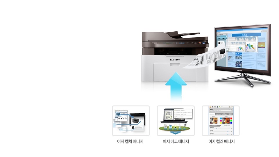 좌측에는 삼성 이지 프린터 매니져의 화면이 나오고 있고 가운데는 프린터, 오른쪽에는 모니터가 놓여져 있다.