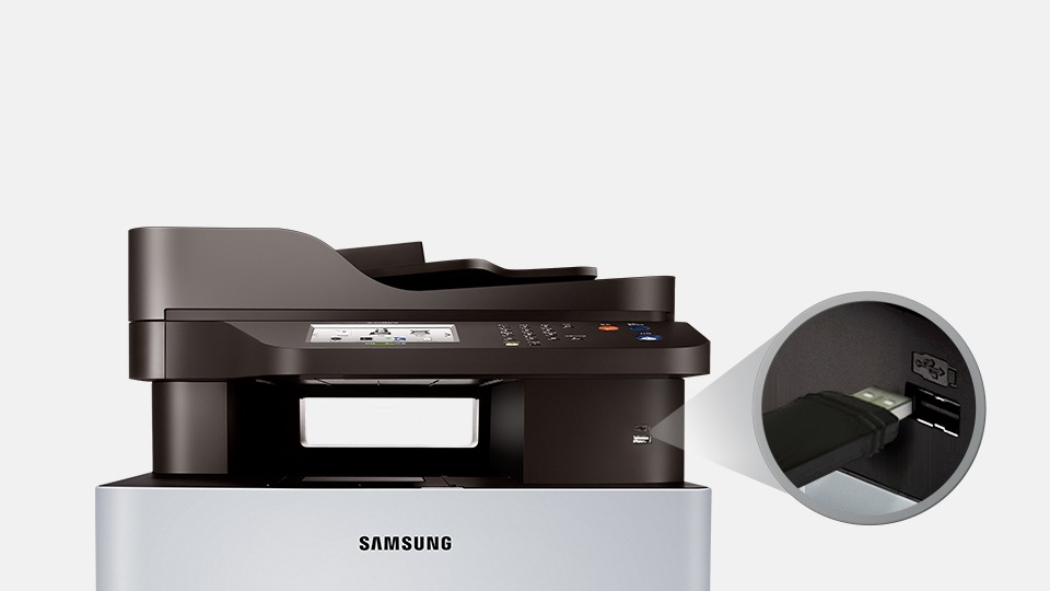 왼쪽에는 SL-C1453FW 모델있고 오른쪽에는 usb 삽입하는 부분이 강조됨