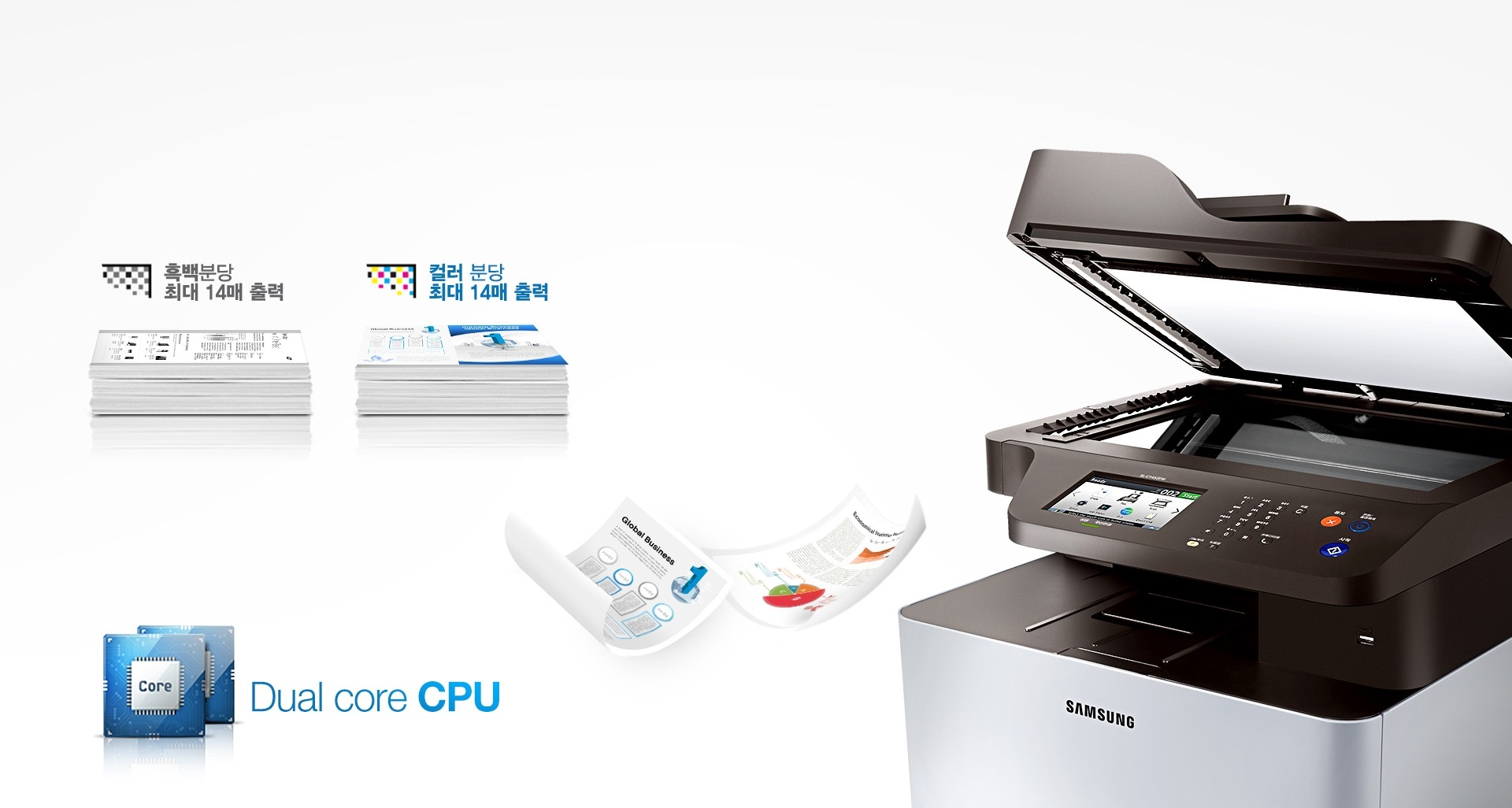 오른쪽에 SL-C1453FW 모델 있고 왼쪽에는 인쇄물과 흑백 분당 14매 출력, 컬러 분당 14매 출력, Dual core CPU 이라는 문구가 적혀있다.
