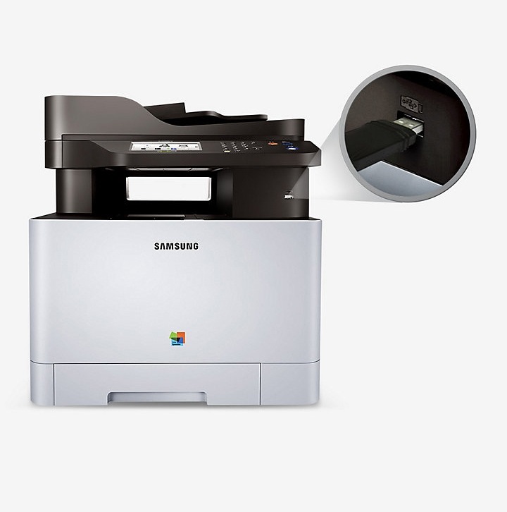 왼쪽에는 SL-C1453FW 모델있고 오른쪽에는 usb 삽입하는 부분이 강조됨