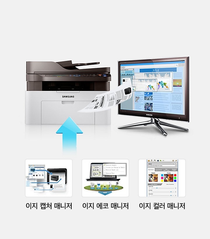좌측에는 삼성 이지 프린터 매니져의 화면이 나오고 있고 가운데는 프린터, 오른쪽에는 모니터가 놓여져 있다.
