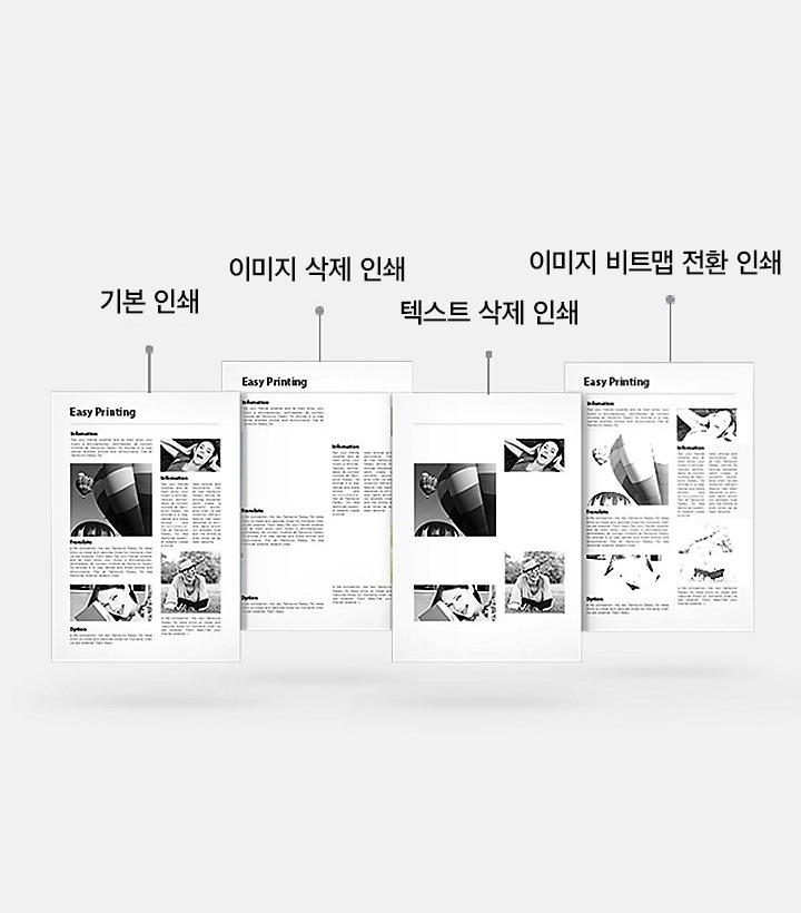 이지 에코 매니져의 기능인 기본인쇄, 이미지 삭제 인쇄, 텍스트 삭제 인쇄, 이미지 비트맵 전환인쇄 화면이 나타나고 있다.