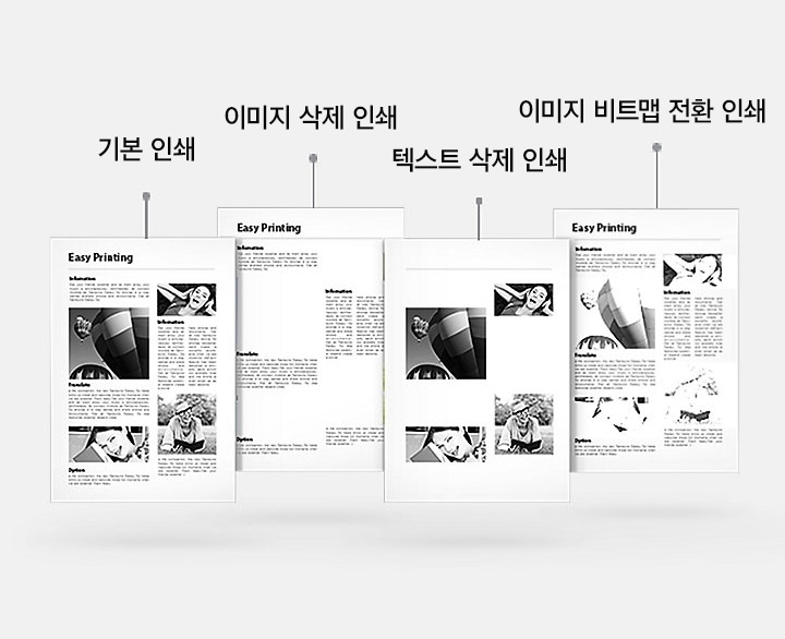 이지 에코 매니져의 기능인 기본인쇄, 이미지 삭제 인쇄, 텍스트 삭제 인쇄, 이미지 비트맵 전환인쇄 화면이 나타나고 있다.