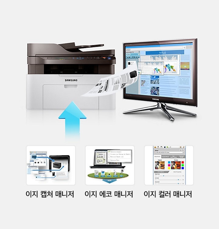 좌측에는 삼성 이지 프린터 매니져의 화면이 나오고 있고 가운데는 프린터, 오른쪽에는 모니터가 놓여져 있다.