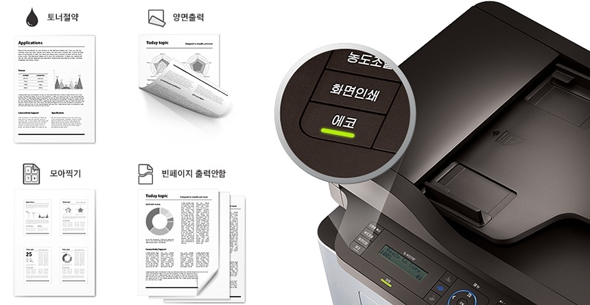 우측에 제품이 놓여져 있고 에코 버튼이 확대컷으로 보여집니다. 좌측에는 4가지 에코모드인 토너절약, 양면출력, 모아찍기, 빈페이지 출력 안함의 출력 예시가 보여집니다.
