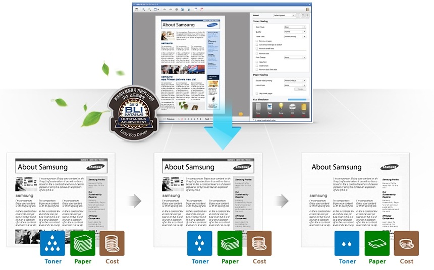 BLI로고와 Easy Eco Driver의 3가지 기능으로 인쇄한 출력물을 보여주고 있습니다.