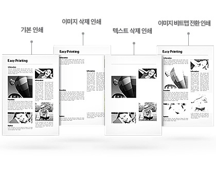 좌측에 순서대로 기본 인쇄 기능의 출력물, 이미지 삭제 인쇄 기능을 적용한 출력물, 텍스트 삭제 인쇄 기능을 적용한 출력물, 이미지 비트맵 전환 인쇄 기능을 적용한 출력물이 서있습니다.