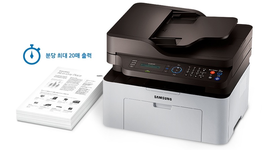 600MHz CPU와 128MB 메모리의 빠른 처리속도로 분당 최대 20매를 출력하는 삼성 SL-M2078FW을 보여주고 있습니다.