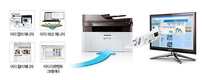 이지 캡쳐 매니저, 이지 에코 매니저, 이지 컬러 매니저, 이지 다큐멘트 크레이터를 하나의 프로그램에서 관리 할 수있는 삼성 SL-M2078FW 모습입니다.