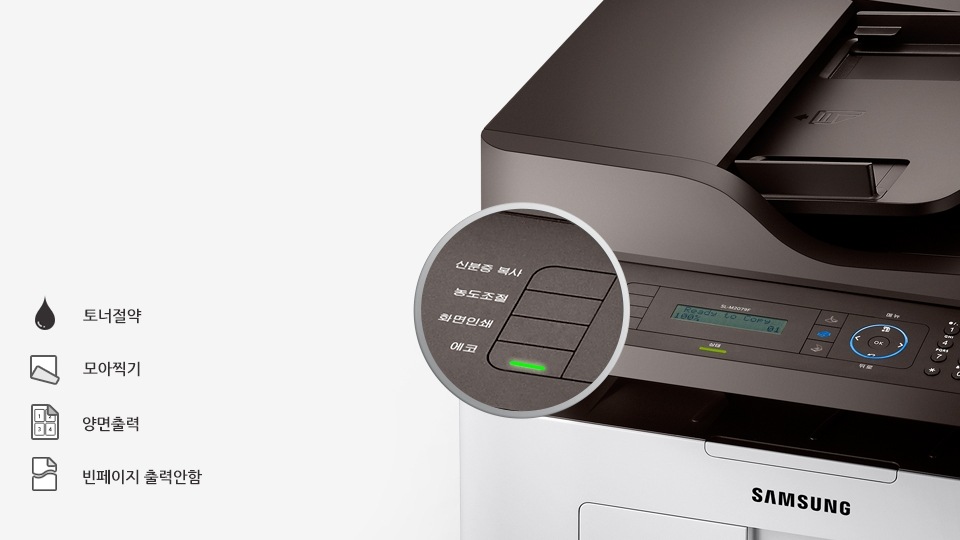 좌측에는 SL-M2079F 모델의 ECO 버튼이 강조되고 있으며, 우측에는 토너절약, 모아찍기, 양면출력, 빈페이지 출력안함등의 기능의 아이콘이 있다.