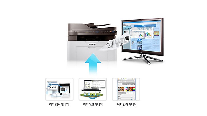 좌측에는 삼성 이지 프린터 매니져의 화면이 나오고 있고 가운데는 프린터, 오른쪽에는 모니터가 놓여져 있다.