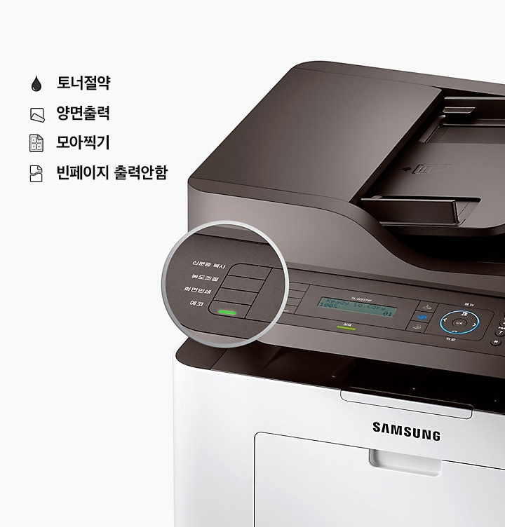 좌측에는 SL-M2079F 모델의 ECO 버튼이 강조되고 있으며, 우측에는 토너절약, 모아찍기, 양면출력, 빈페이지 출력안함등의 기능의 아이콘이 있다.