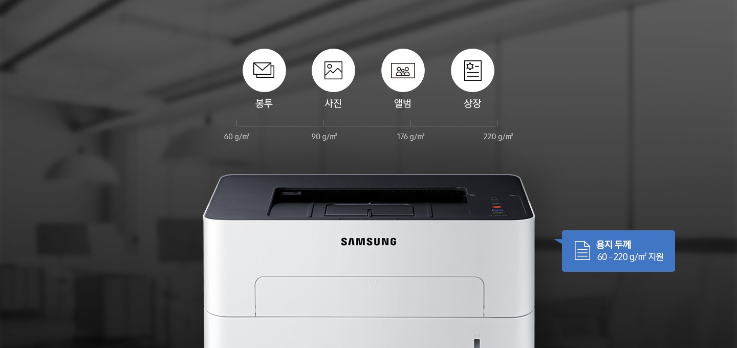 흐리게 사무실이 보이는 배경에 제품 정면 이미지가 중간에 배치하여 있고 제품 이미지 상단에 60 g/m² 텍스트와 90 g/m² 텍스트 사이에 봉투 텍스트와 편지 아이콘, 90 g/m² 텍스트와 176 g/m² 테스트 사이에 사진 텍스트와 사진 아이콘, 앨범 텍스트와 앨범 아이콘, 176 g/m² 텍스트와 220 g/m² 텍스트 사이에 상장 텍스트와 상장 아이콘이 왼쪽에서 오른쪽으로 나열되어 있는 이미지입니다.