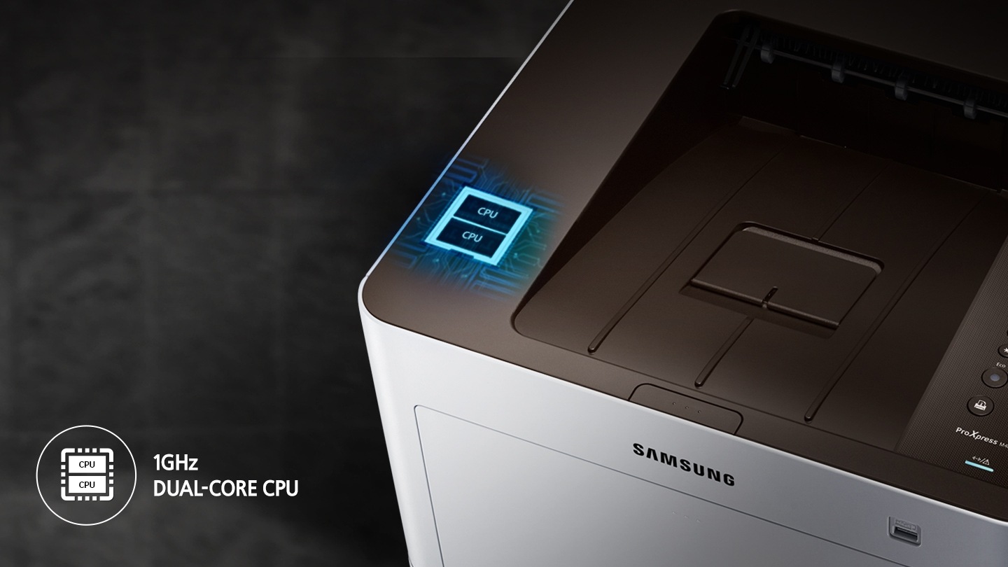 검정색 배경에 오른쪽에는 레이저 프린터 위에서 내려본 이미지가 있으며 왼쪽 하단에 1GHz 듀얼코어 CPU 아이콘에 있으며, 프린터 제품 상단 부분에는 CPU가 강조되어 보여지고 있습니다.