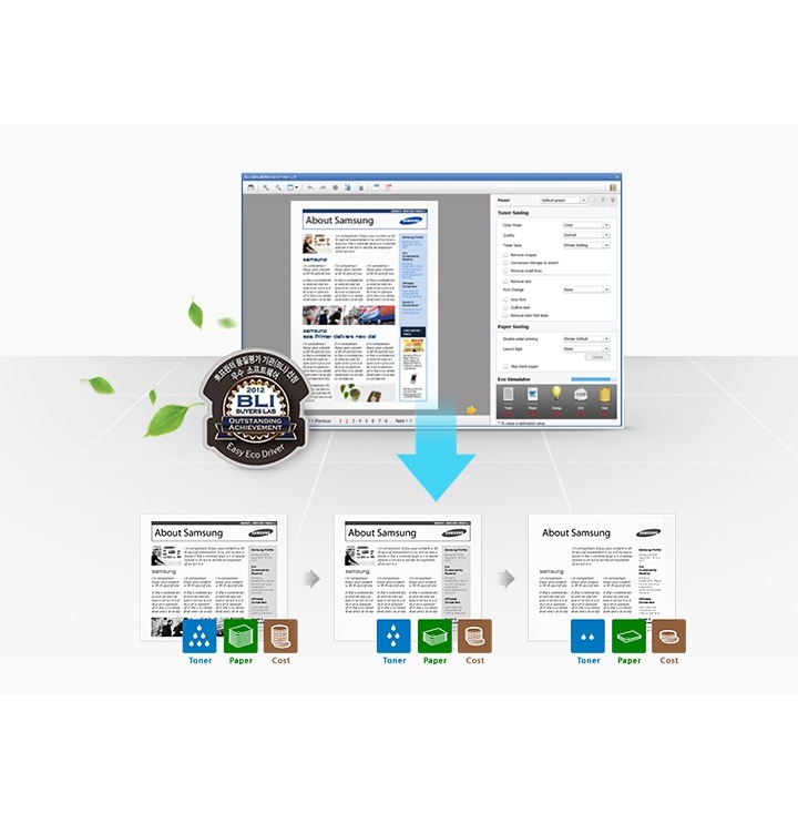 BLI로고와 Easy Eco Driver의 3가지 기능으로 인쇄한 출력물을 보여주고 있습니다.