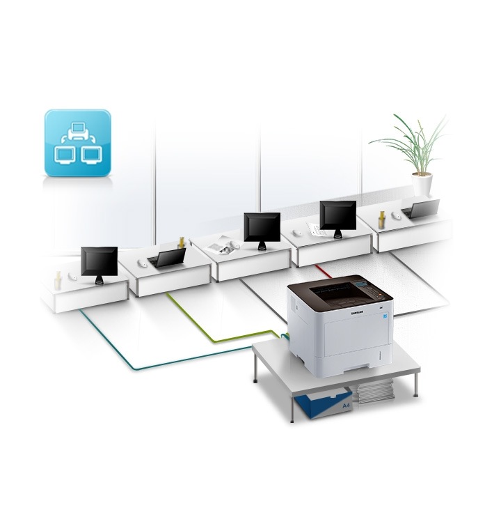네트워크 연결 기능으로 여러대의 PC가 한대의 프린터에 연결하여 사용하는 모습을 보여주고 있습니다.