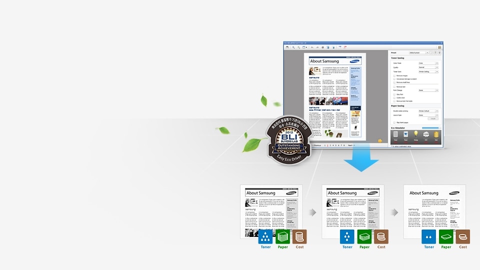Easy Eco Driver 의 3가지 기능을 통해 출력한 인쇄물이 각각 보여지고 있음