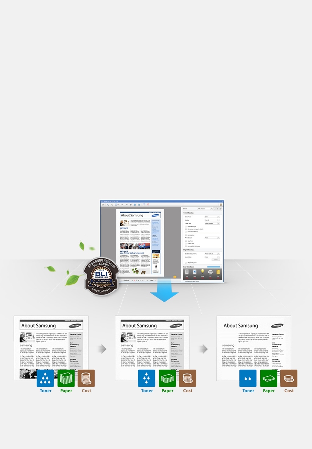 Easy Eco Driver 의 3가지 기능을 통해 출력한 인쇄물이 각각 보여지고 있음
