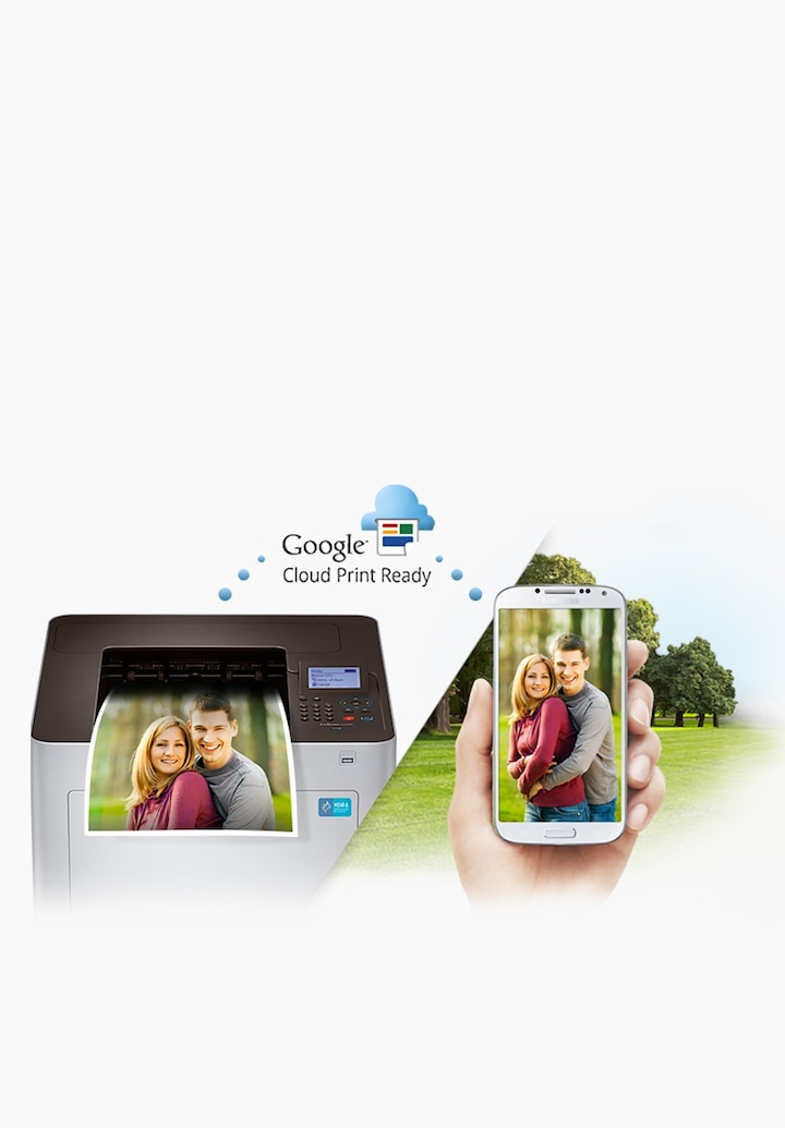 왼쪽에는 프린터 제품놓여져 있고, 오른쪽에는 스마트폰이 있으며 google cloud print 로 연동가능하다는 걸 짐작케 한다.