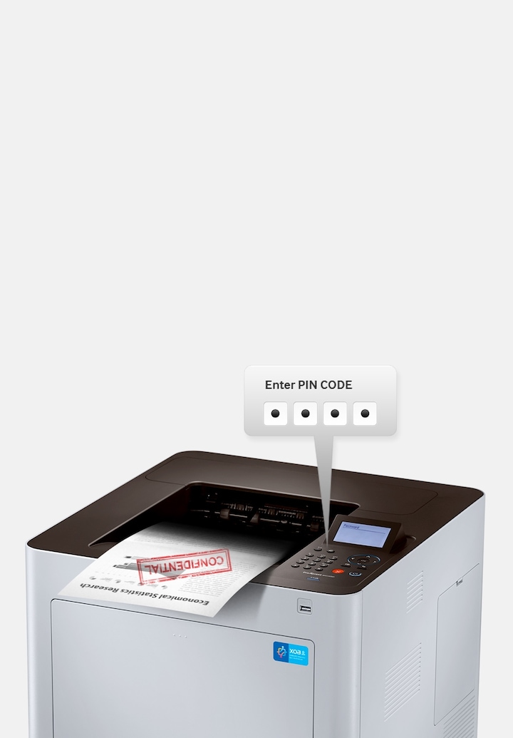 confidential 문서를 출력하는 프린터 제품이 놓여져 있고, pin code를 입력하는 화면 강조됨