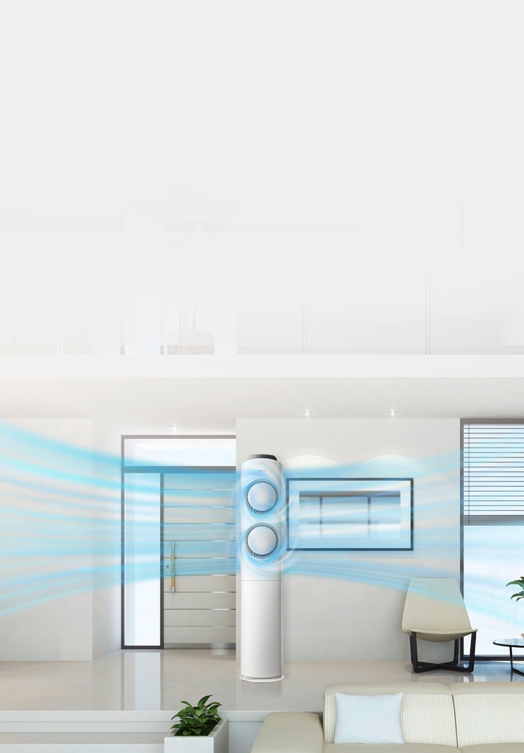 모던하고 밝은 거실이 배경으로 있으며 그 가운데 삼성 스마트 에어컨 Q9000이 자리잡고 있습니다. 에어컨의 바람문으로 나오는 냉기가 거실을 시원하게 감싸는 모습을 표현하고 있습니다.