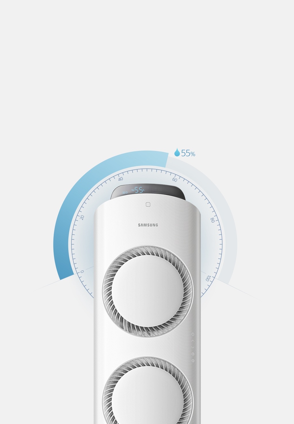 삼성 스마트 에어컨 Q9000의 디스플레이와 상단 바람문이 클로즈업되어 보이며, 에어컨 주위로 55 %를 표현하는 인포그라픽이 보이고 있습니다.