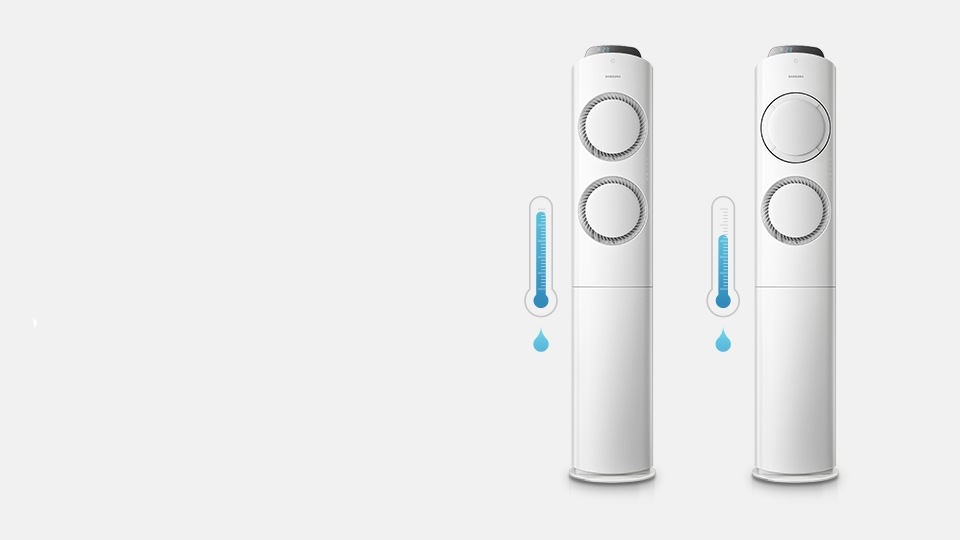 삼성 스마트 에어컨 Q9000의 초절전 제습기능을 보여주는 2가지 바람문 조절 기능을 보여주고 있습니다.