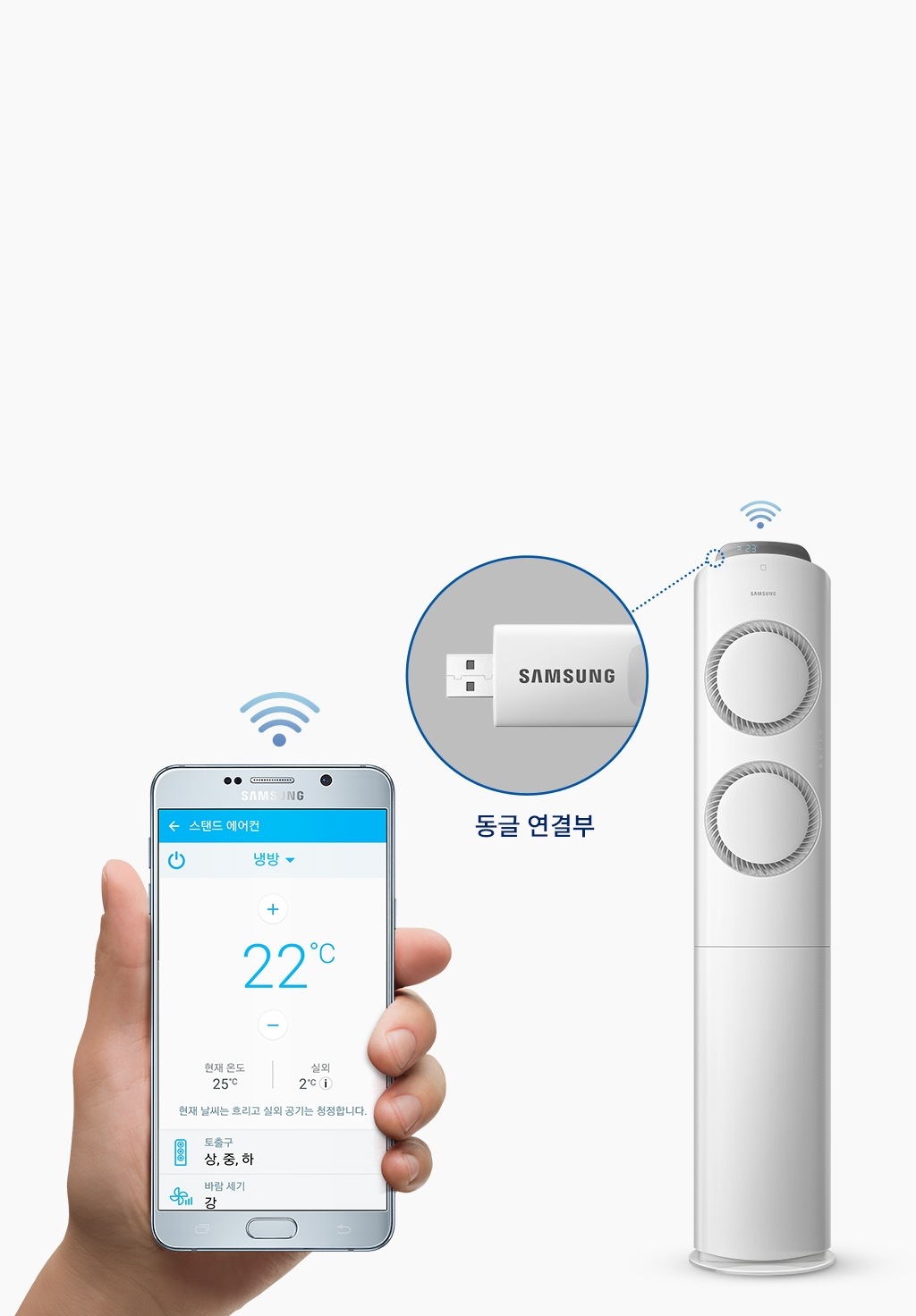 스마트홈 기능으로 스마트폰과 에어컨이 무선으로 연결되어 작동하는 모습을 보여주고 있습니다. 에어컨 좌측 상단 동글 연결부를 표시해 주고 있습니다.
