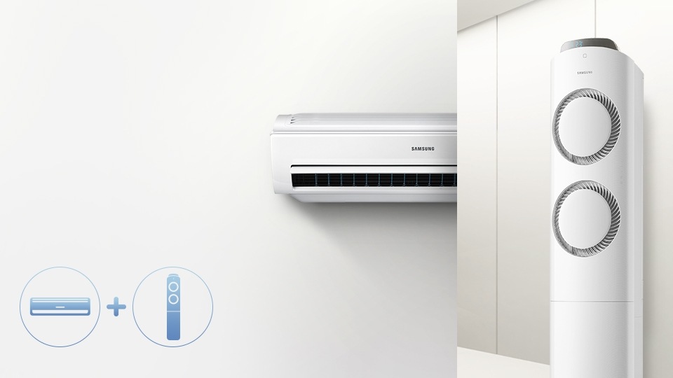 거실에 설치된 스탠드에어컨과 방에 설치되어 있는 벽걸이에어컨을 보여주고 있습니다.