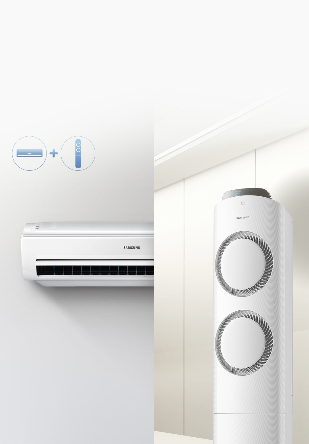 거실에 설치된 스탠드에어컨과 방에 설치되어 있는 벽걸이에어컨을 보여주고 있습니다.