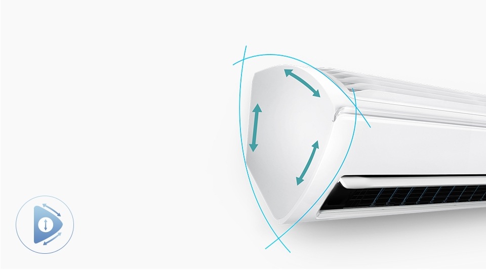 트라이앵글 디자인에 벽걸이 에어컨을 측면을 강조하여 보여주고 있습니다.