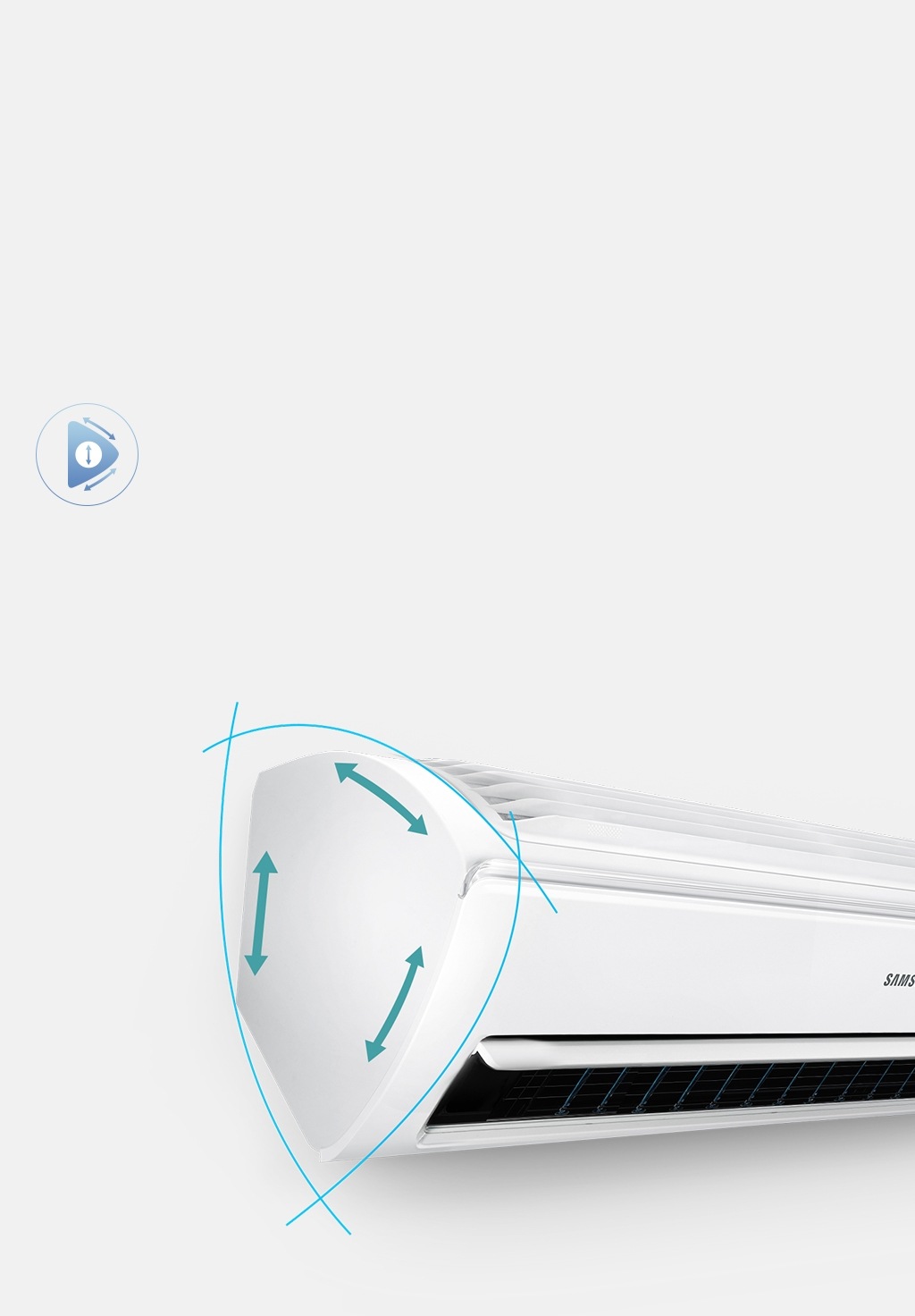 트라이앵글 디자인에 벽걸이 에어컨을 측면을 강조하여 보여주고 있습니다.