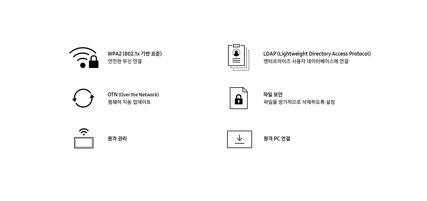 WPA2 (802.1x 기반 표준), LDAP, OTN, 파일 보안, 원격 관리, 원격 펌웨어 업데이트