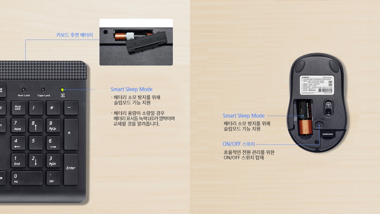 우측에는 키보드 Smart Sleep Mode에 LED 불빛이 보여지고 있어 Smart Sleep Mode에 대한 설명이 표기되어 있습니다. 키보드 후면 배터리 이미지가 함께 보여지고 있습니다. 우측에는 마우스 후면과 Smart Sleep Mode 와 함께 ON/OFF 스위치가 표기되어있습니다.