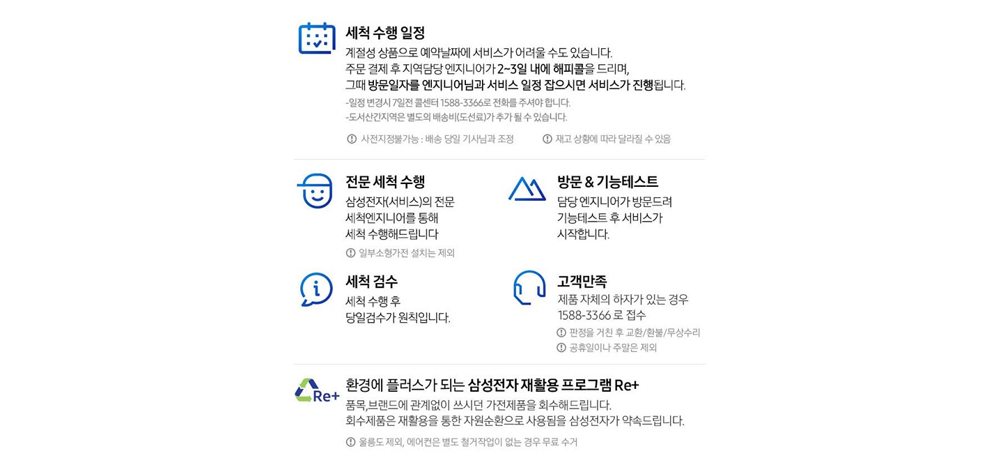 총 5단계의 배송서비스를 안내합니다. 첫번째 세척 수행 일정 계절성 상품으로 예약날짜에 서비스가 어려울 수도 있습니다. 주문 결제 후 지역담당 엔지니어가 2~3일 내에 해피콜을 드리며, 그때 방문일자를 엔지니어님과 서비스 일정 잡으시면 서비스가 진행됩니다. 일정 변경 시 7일전 콜센터 1588-3366로 전화를 주셔야 합니다. 도서산간지역은 별도의 배송비(도선료)가 추가될 수 있습니다. 사전지정 불가능 : 배송 당일 기사님과 조정, 재고 상황에 따라 달라질 수 있음. 두번째 전문 세척 수행 삼성전자(서비스)의 전문 세척엔지니어를 통해 세척 수행해 드립니다. 일부 소형가전 설치는 제외. 세번째 방문&기능 테스트 담당 엔지니어가 발문드려 기능테스트 후 서비스가 시작됩니다. 네번째 세척 검수 세척 수행 후 당일검수가 원칙입니다. 다섯번째 고객만족 제품 자체의 하자가 있는 경우 1588-3366로 접수. 판정을 거친 후 교환/환불/무상수비, 공휴일이나 주말은 제외. 마지막 내용은 Re+ 로고와 함께 환경에 플러스가 되는 삼성전자 재활용 프로그램 Re+ 안내입니다. 세부내용은 품목, 브랜드에 관계없이 쓰시던 가전제품을 회수해드립니다. 회수제품은 재활용을 통한 자원순환으로 사용됨을 삼성전자가 약속드립니다. 울릉도 제외, 에어컨은 별도 철거작업이 없는 경우 무료 수거 라고 안내되어 있습니다.