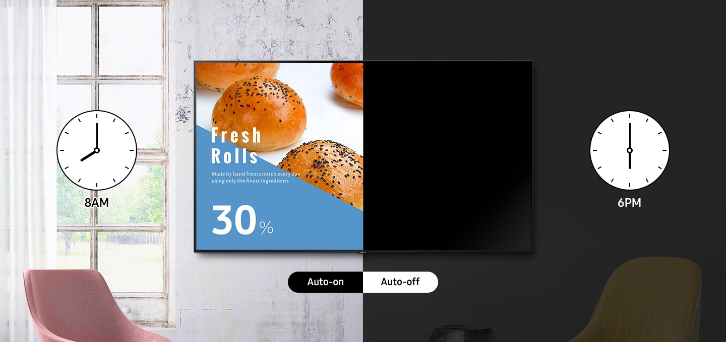매장 안 벽에 제품이 걸려 있고 2분할 하여 켜진 모습과 꺼진 모습을 보여주고 있습니다. 켜진 모습엔 오토 온 아이콘과 8AM 시각을 표기하였고 꺼진 모습엔 오토 오프 아이콘과 6PM 시각을 표기하였습니다.