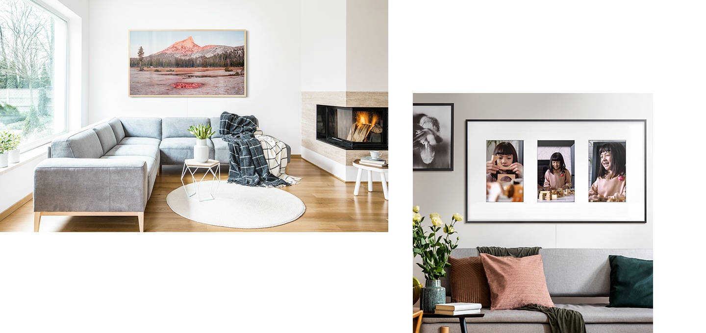 [왼쪽 이미지엔 거실에 자연이 나오는 TV가 걸려 있고, 오른쪽 이미지엔 어린 아이가 나오는 TV~가 걸려 있습니다.]