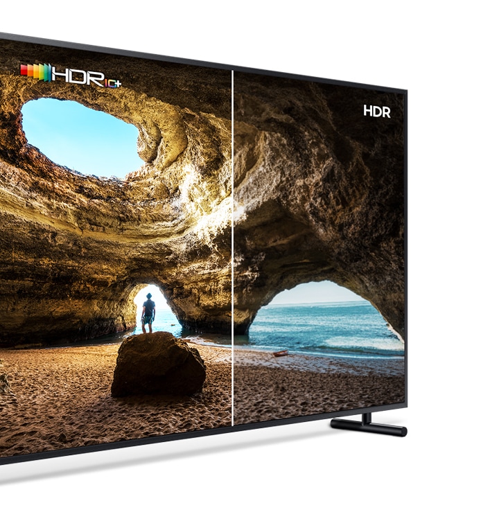 해양 동굴 이미지를 보여주며 HDR 10+와 일반 HDR을 비교하고 있습니다.