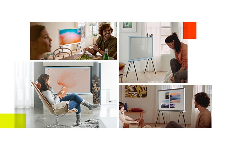 다양한 실내 공간에 놓여진 serif tv 의 모습을 4개의 분할된 이미지로 보여줍니다.