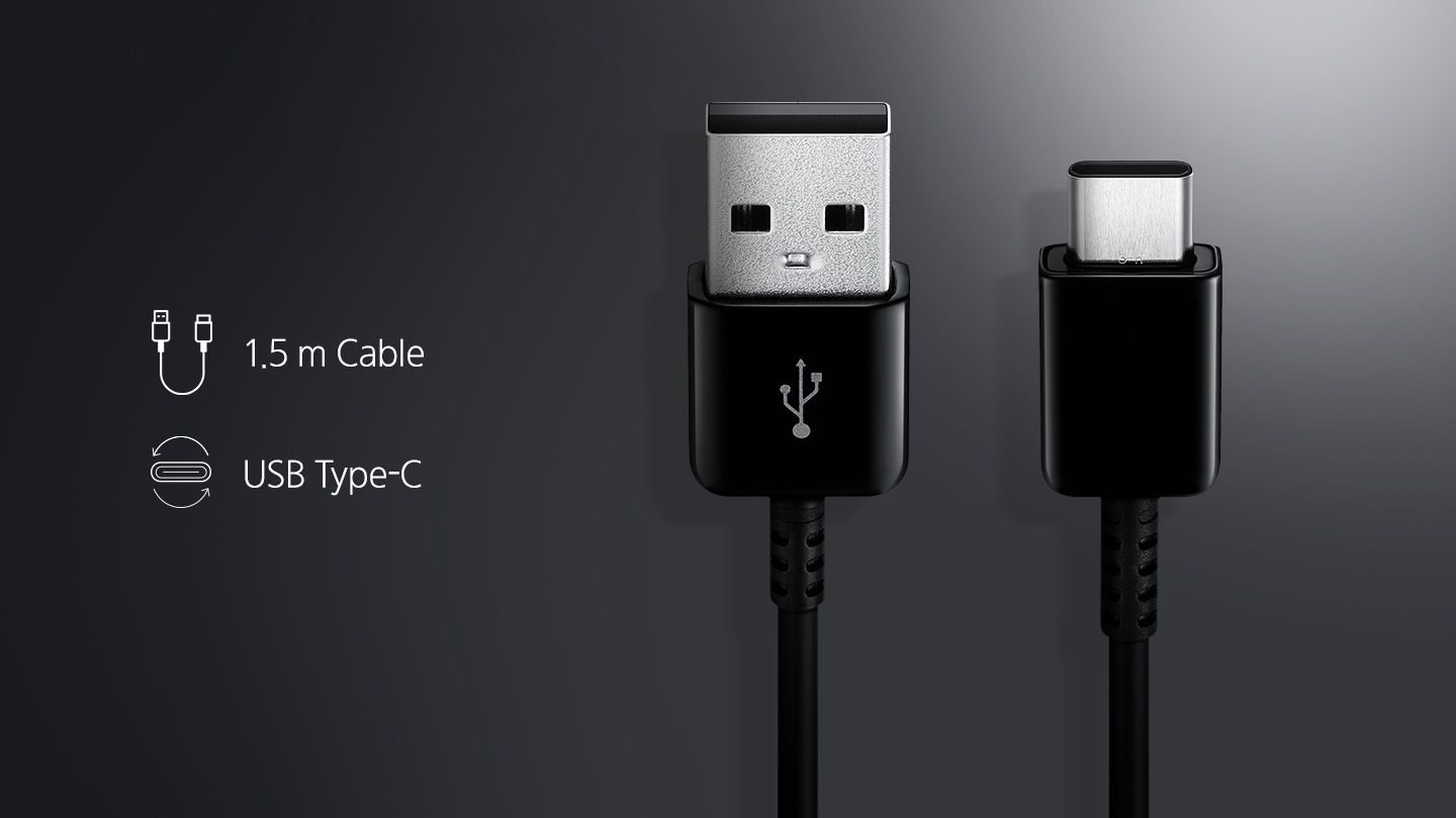USB A to C 케이블 연결 단자가 보여지며 왼쪽에 1.5m Cable의 텍스트와 일러스트, USB Type-C의 텍스트와 일러스트가 보여집니다.