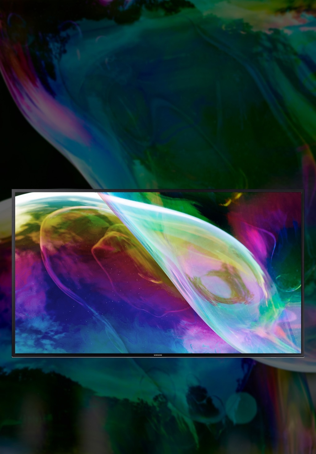 블랙의 배경에 삼성 UHD TV 액정 상단 1/2 부분이 화면 하단에 확대 되어 나타나 있습니다. 화면에는 선명한 형형색색에 색상들이 보여집니다.