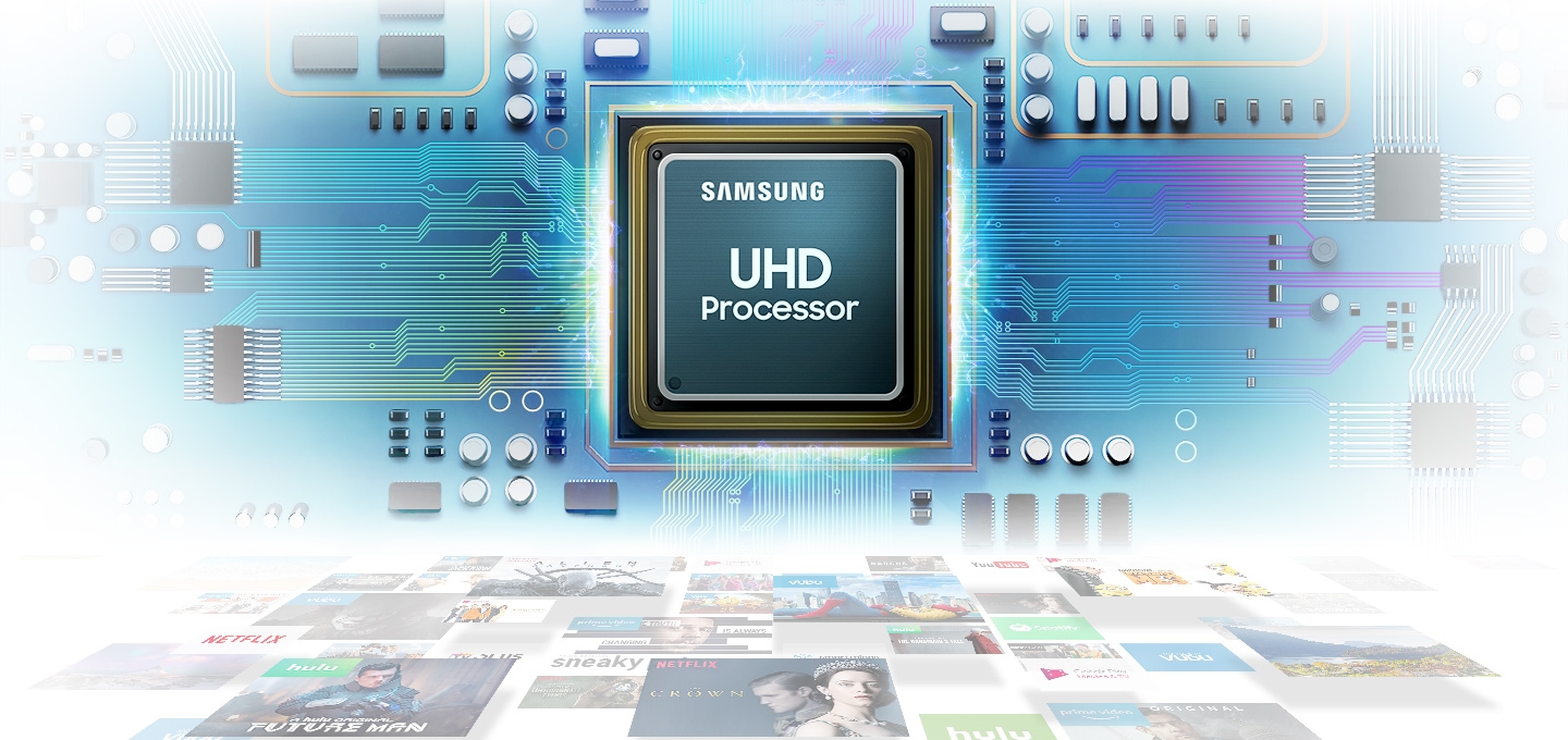 삼성 UHD 프로세서 로고 이미지가 중앙에 보이고, 로고 이미지 뒤로 하드웨어 기계판 이미지가 보입니다. 하단에는 다양한 영상 콘텐츠 배너들이 늘어져 있습니다.