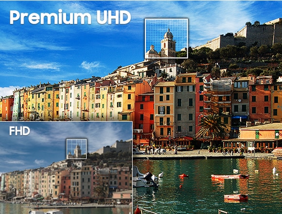 Premium UHD 화질을 FHD 화질과 도시 배경을 통해 비교하고 있습니다.