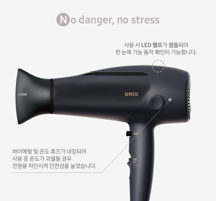 No danger, no stress 문구와 함께 안전을 고려한 제품 영역 일부분이 설명되어 있습니다.