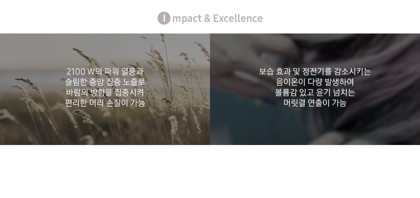 Impact & Excellence, 2100 W의 파워 열풍과 슬림한 중앙 집중 노즐로 바람의 방향을 집중시켜 편리한 머리 손질이 가능, 보습 효과 및 정전기를 감소시키는 음이온이 다량 발생하여 볼륨감 있고 윤기 넘치는 머릿결 연출이 가능