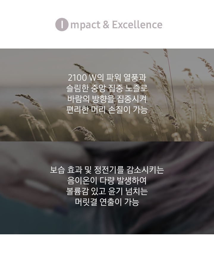 Impact & Excellence, 2100 W의 파워 열풍과 슬림한 중앙 집중 노즐로 바람의 방향을 집중시켜 편리한 머리 손질이 가능, 보습 효과 및 정전기를 감소시키는 음이온이 다량 발생하여 볼륨감 있고 윤기 넘치는 머릿결 연출이 가능